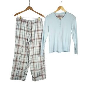 L.L.Bean Womens Blue Flannel Plaid Pajama Set Long Sleeve Henley Medium Petites